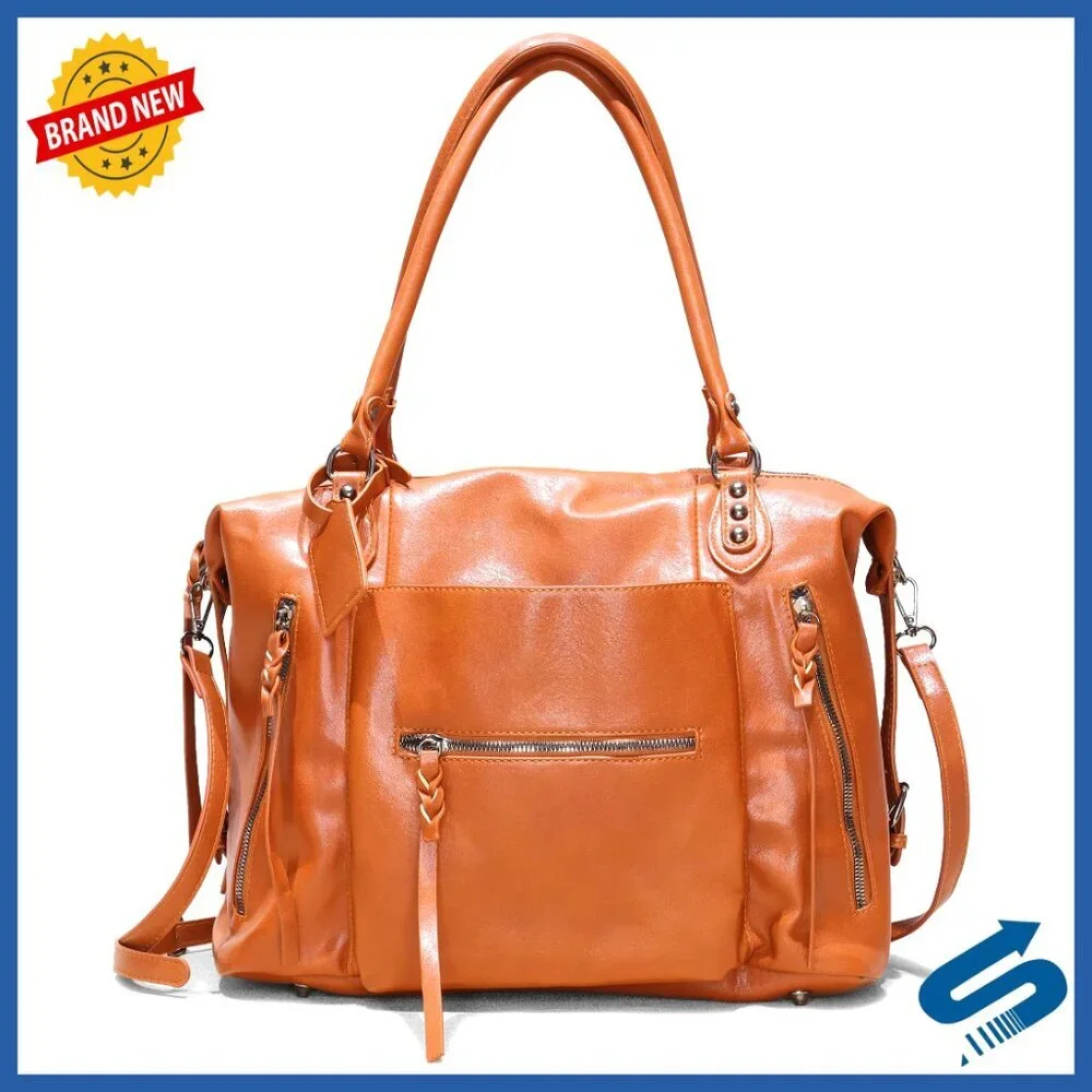 Large Vegan Leather Tote Bag with Zipper and Adjustable Strap for Work